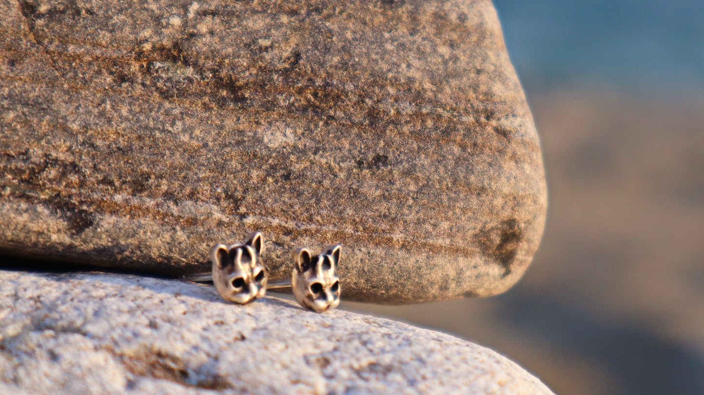 Sterling Silver Horned Evil Cat Skull  Stud Earrings