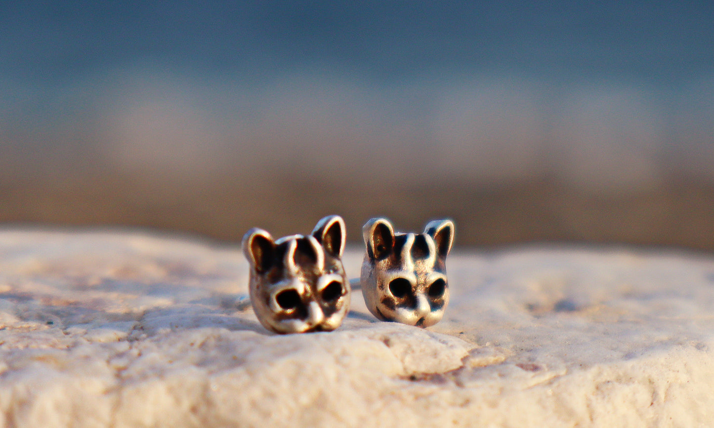 Sterling Silver Horned Evil Cat Skull  Stud Earrings