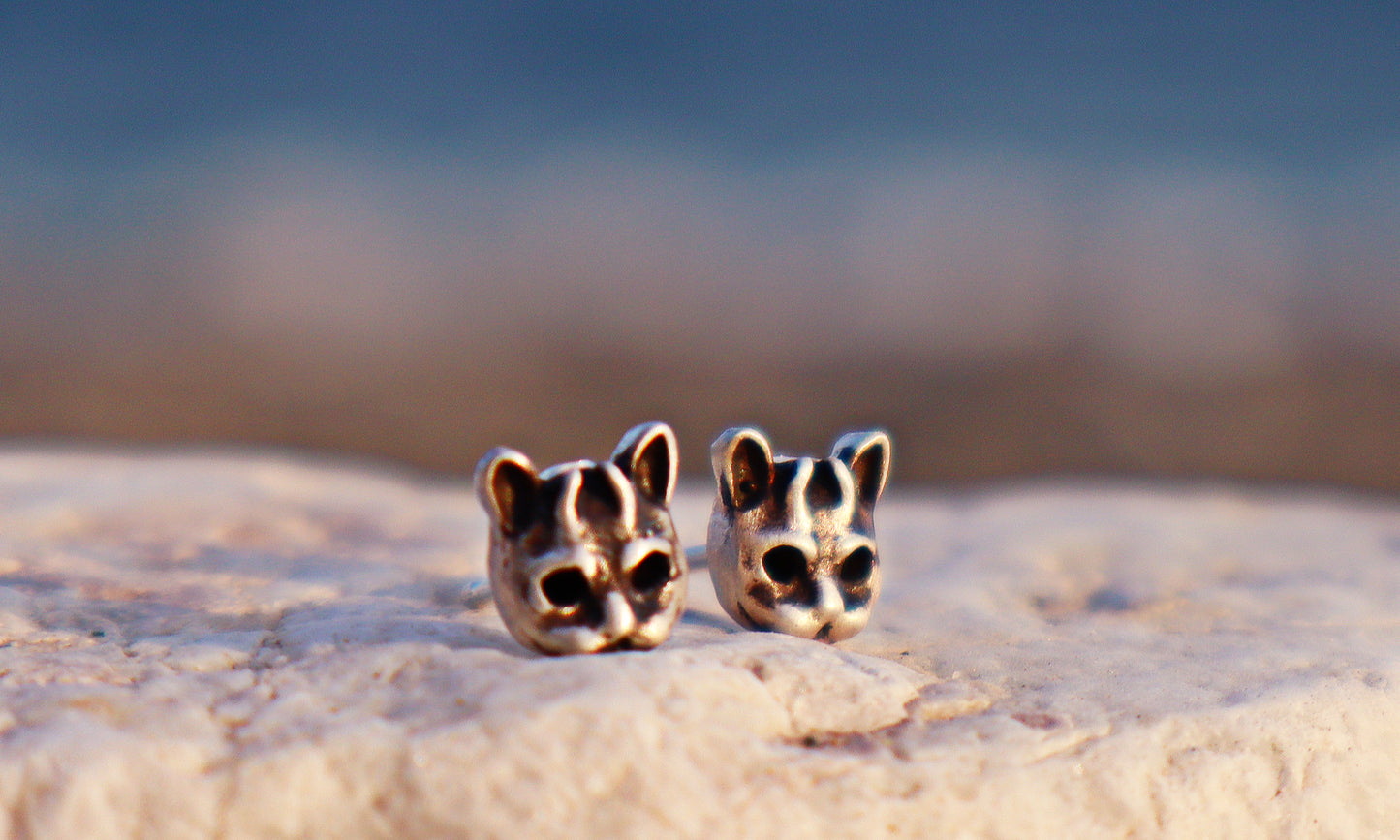 Sterling Silver Horned Evil Cat Skull  Stud Earrings