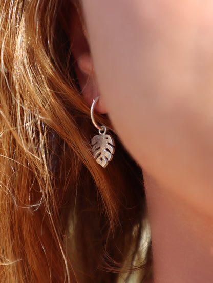 Sterling Silver Monstera Hoop Earrings, Minimalist Tropical Plant Jewelry