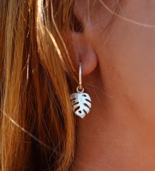 Sterling Silver Monstera Hoop Earrings, Minimalist Tropical Plant Jewelry