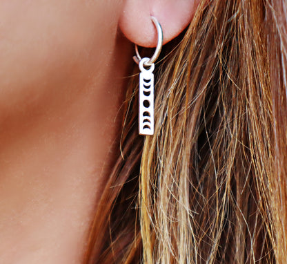 Sterling Silver Moon Phase Hoop Earrings, Minimalist Celestial Jewelry