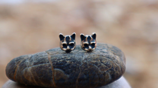 Sterling Silver Horned Evil Cat Skull  Stud Earrings