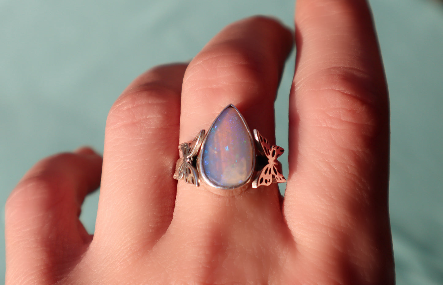 Sterling Silver Purple Fire Opal Ring, Handmade Butterfly Statement Jewelry