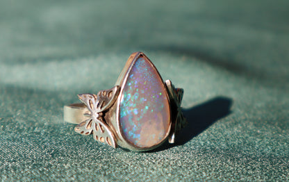 Sterling Silver Purple Fire Opal Ring, Handmade Butterfly Statement Jewelry