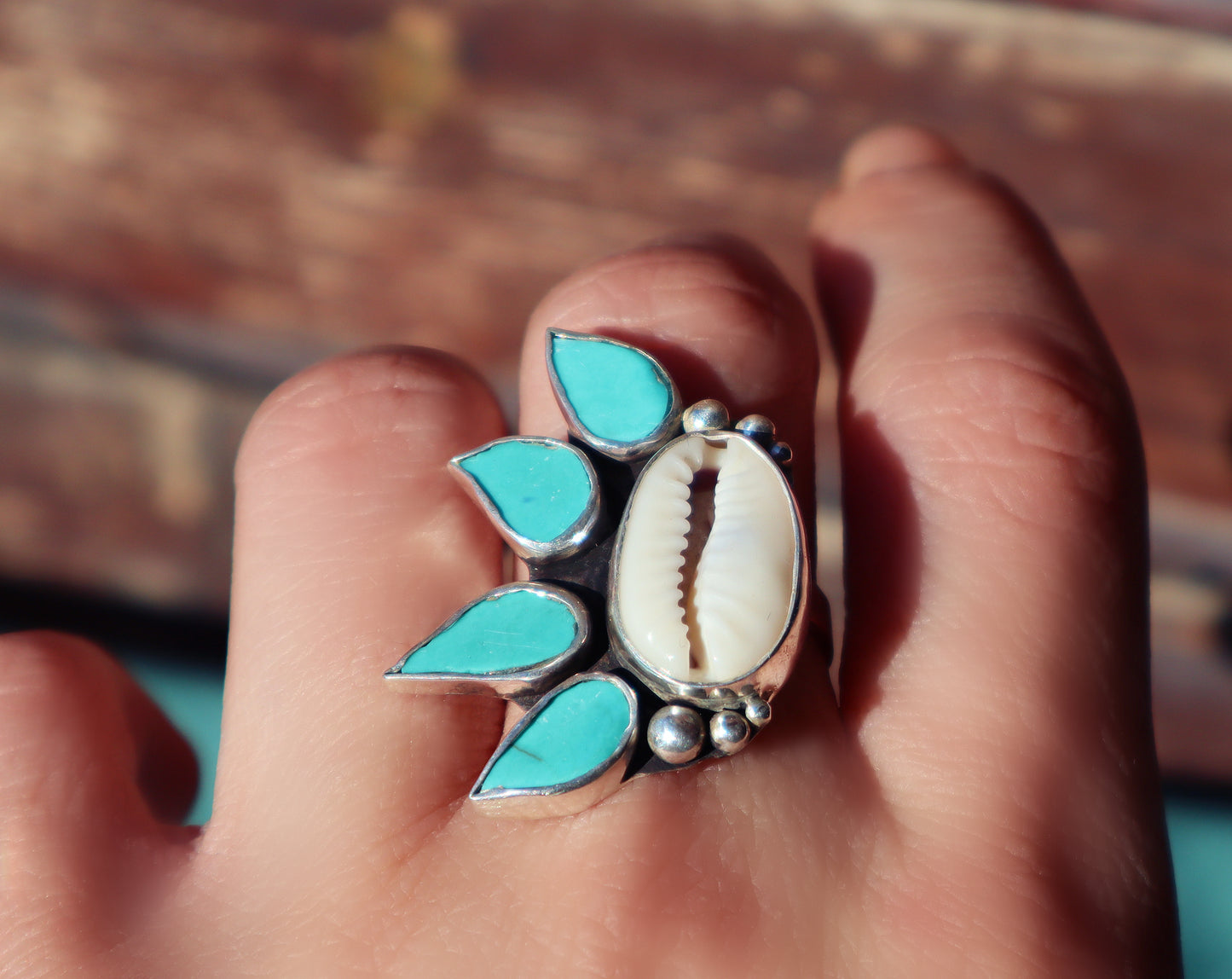 Sterling Silver Turquoise Cowrie Shell Ring, Mermaid Statement Ocean Jewelry