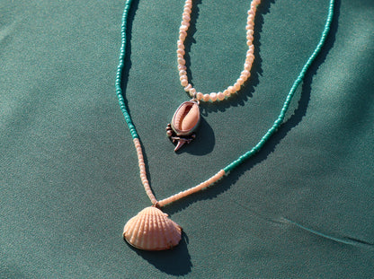 Sterling Silver Cowrie Shell Necklace, Natural Pearl Mermaid Statement Ocean Jewelry