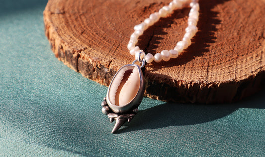 Sterling Silver Cowrie Shell Necklace, Natural Pearl Mermaid Statement Ocean Jewelry