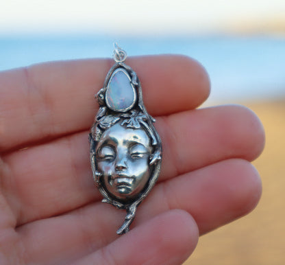 Sterling Silver Opal Woman's Face Necklace, Handmade Nature Goddess Jewelry