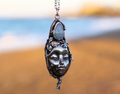 Sterling Silver Opal Woman's Face Necklace, Handmade Nature Goddess Jewelry