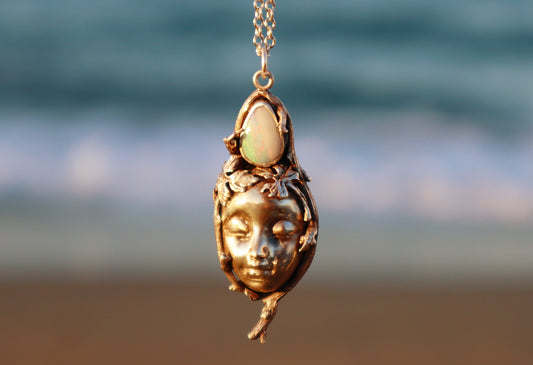 Sterling Silver Opal Woman's Face Necklace, Handmade Nature Goddess Jewelry