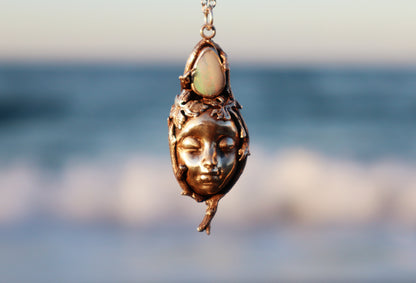 Sterling Silver Opal Woman's Face Necklace, Handmade Nature Goddess Jewelry