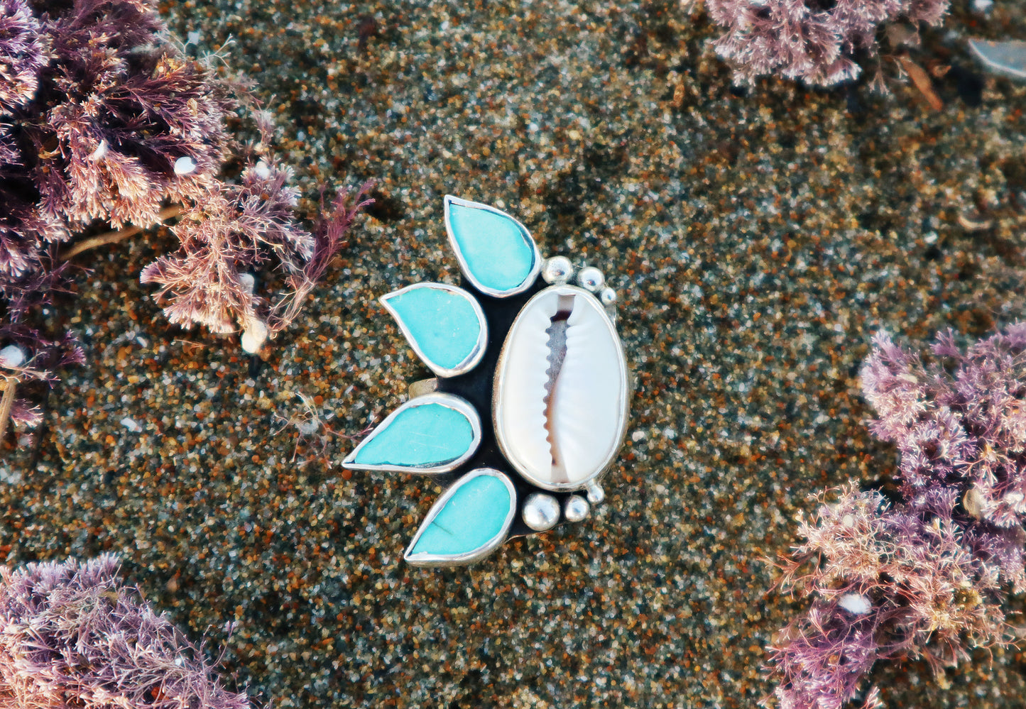 Sterling Silver Turquoise Cowrie Shell Ring, Mermaid Statement Ocean Jewelry