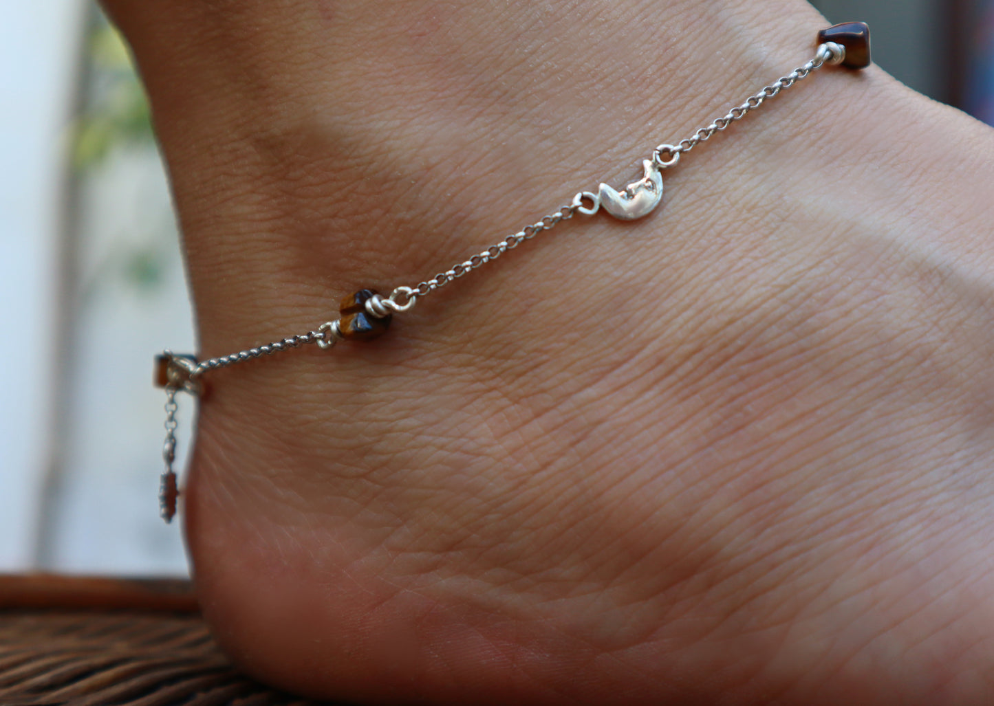 Sterling Silver Tigers Eye Sun and Moon Anklet