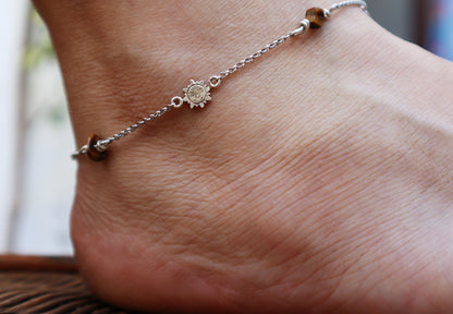 Sterling Silver Tigers Eye Sun and Moon Anklet