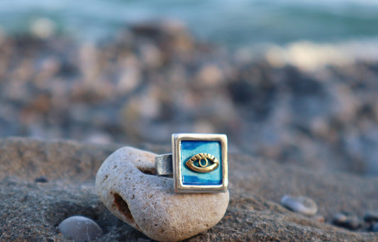 Sterling Silver Gold 14k Evil Eye Blue Enamel Hamsa Ring Women