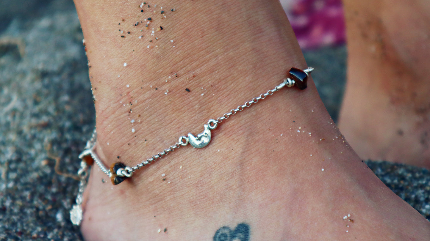 Sterling Silver Sun and Moon Tiger's eye Anklet Woman
