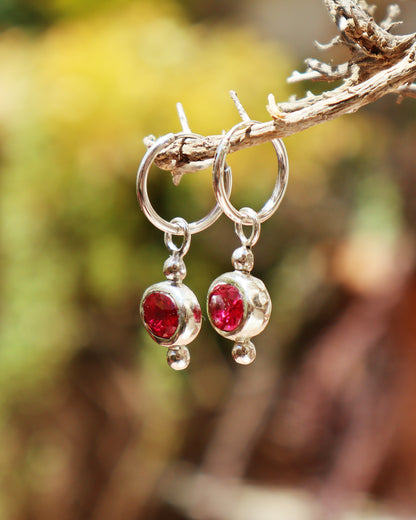 Sterling Silver Red Ruby Hoop Earrings, Minimalist Gemstone Dangle Earrings