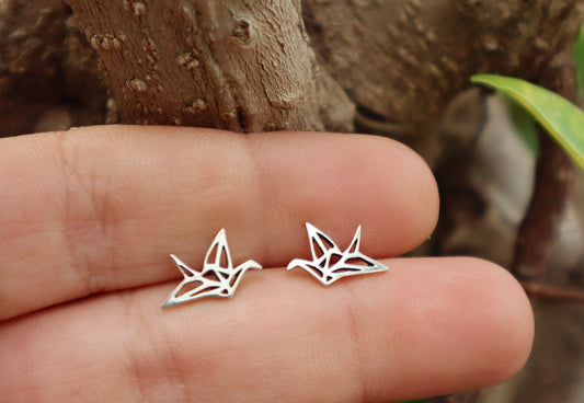 Sterling Silver Origami Paper Crane Studs Earrings