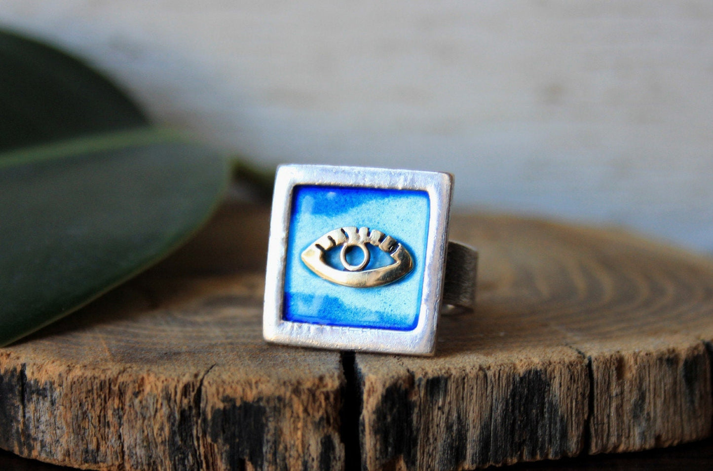 Sterling Silver Gold 14k Evil Eye Blue Enamel Hamsa Ring Women