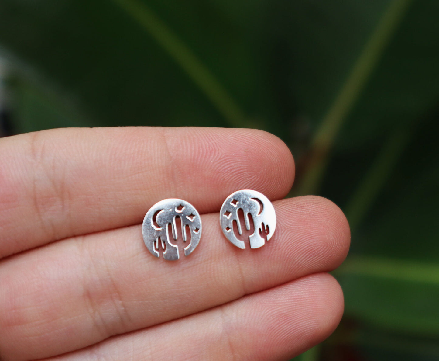 Sterling Silver Desert Cactus Moon Stud Earrings