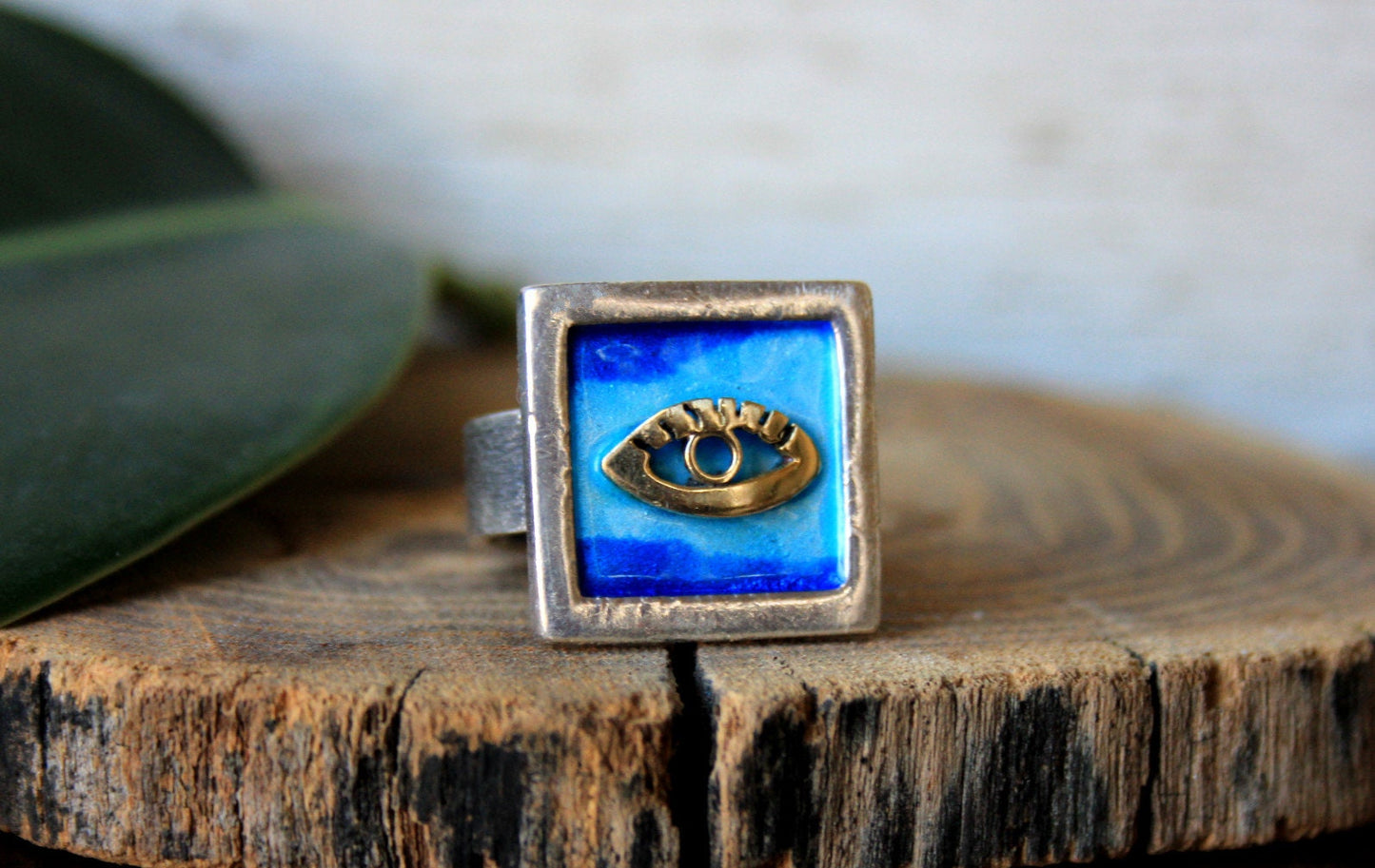 Sterling Silver Gold 14k Evil Eye Blue Enamel Hamsa Ring Women