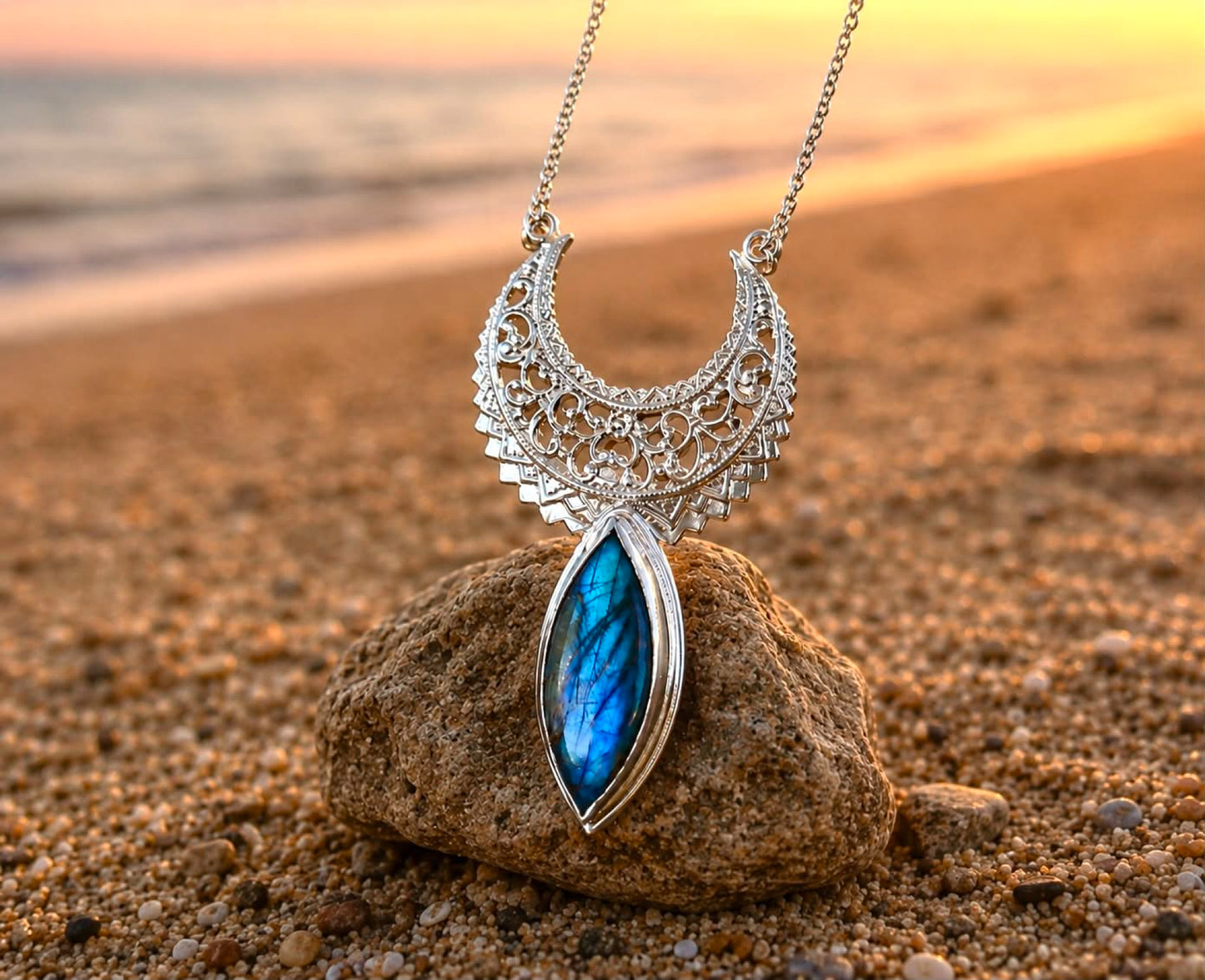 Sterling Silver Dainty Crescent Moon Labradorite Necklace