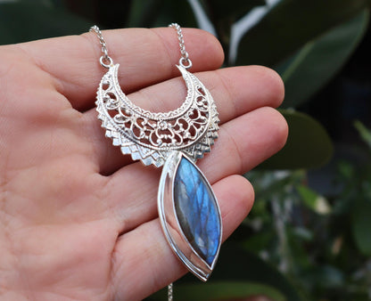 Sterling Silver Dainty Crescent Moon Labradorite Necklace