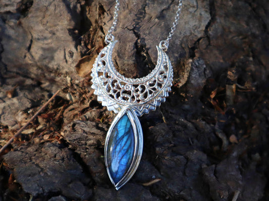 Sterling Silver Dainty Crescent Moon Labradorite Necklace