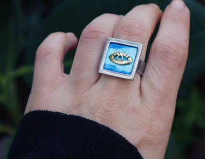 Sterling Silver Gold 14k Evil Eye Blue Enamel Hamsa Ring Women