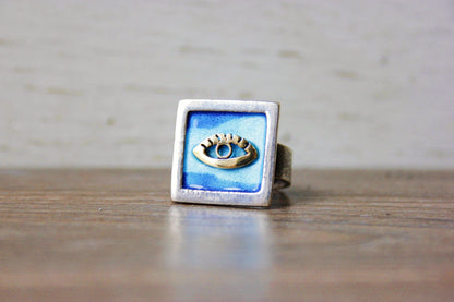 Sterling Silver Gold 14k Evil Eye Blue Enamel Hamsa Ring Women