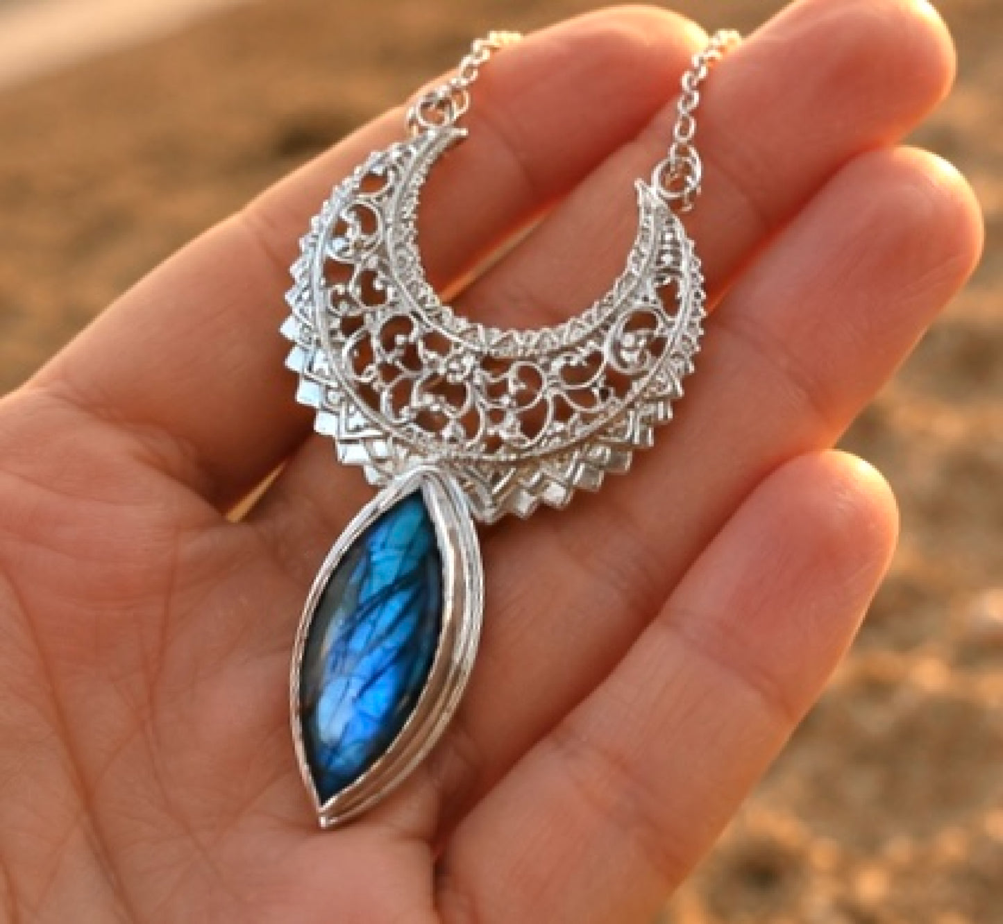 Sterling Silver Dainty Crescent Moon Labradorite Necklace