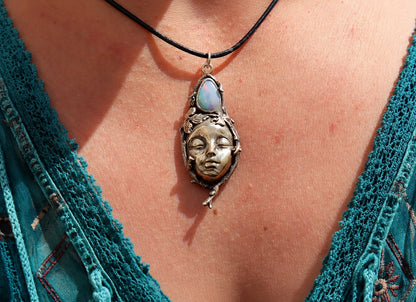Sterling Silver Opal Woman's Face Necklace, Handmade Nature Goddess Jewelry