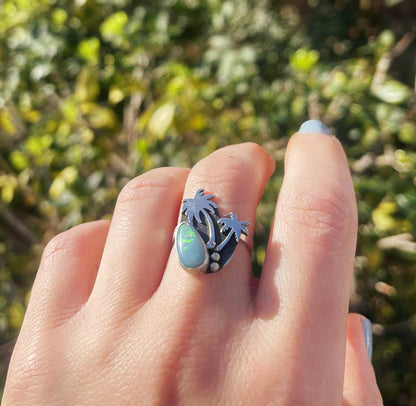 Sterling Silver Palm Trees Boulder Opal Ring, Handmade Tropical Beach Jewelry, Boho Statement Ring