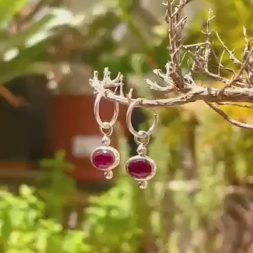 Sterling Silver Red Ruby Hoop Earrings, Minimalist Gemstone Dangle Earrings
